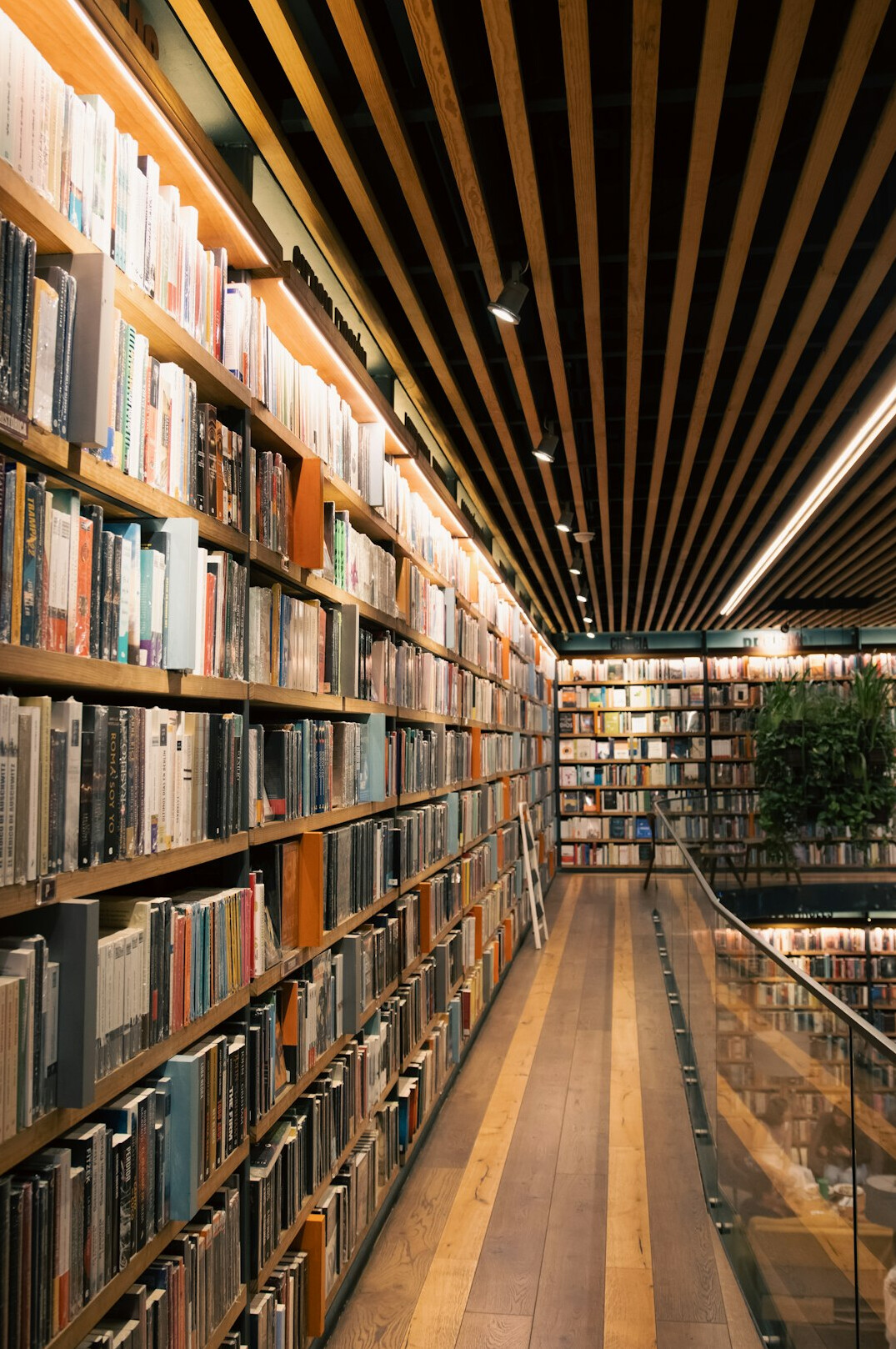 Library with tall wooden bookshelves and warm light